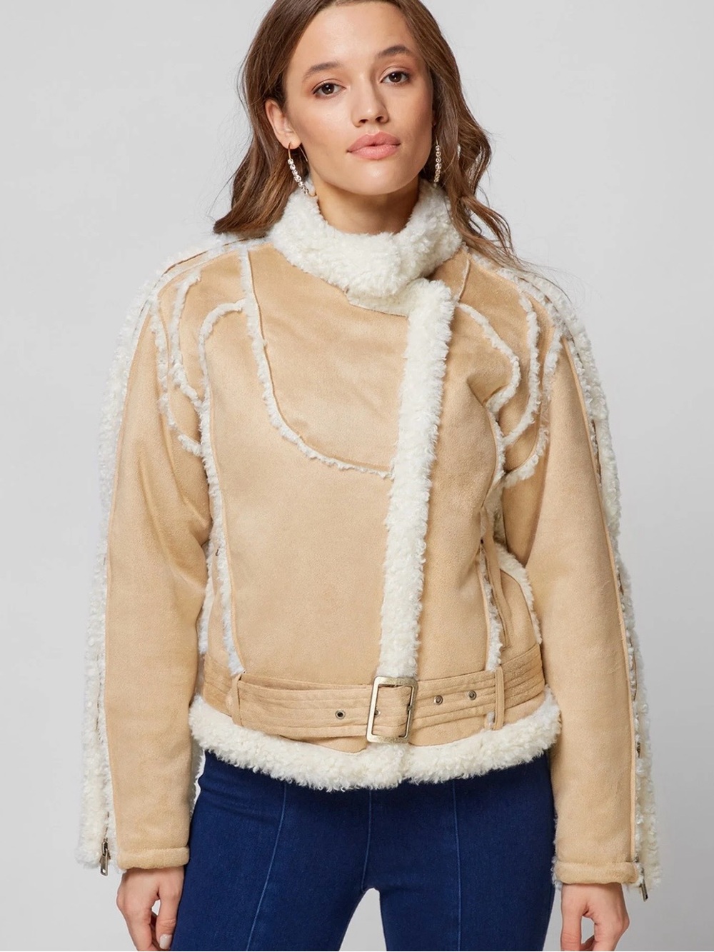 Guess Tan and Cream Faux-Shearling Belted Teddy Jacket
